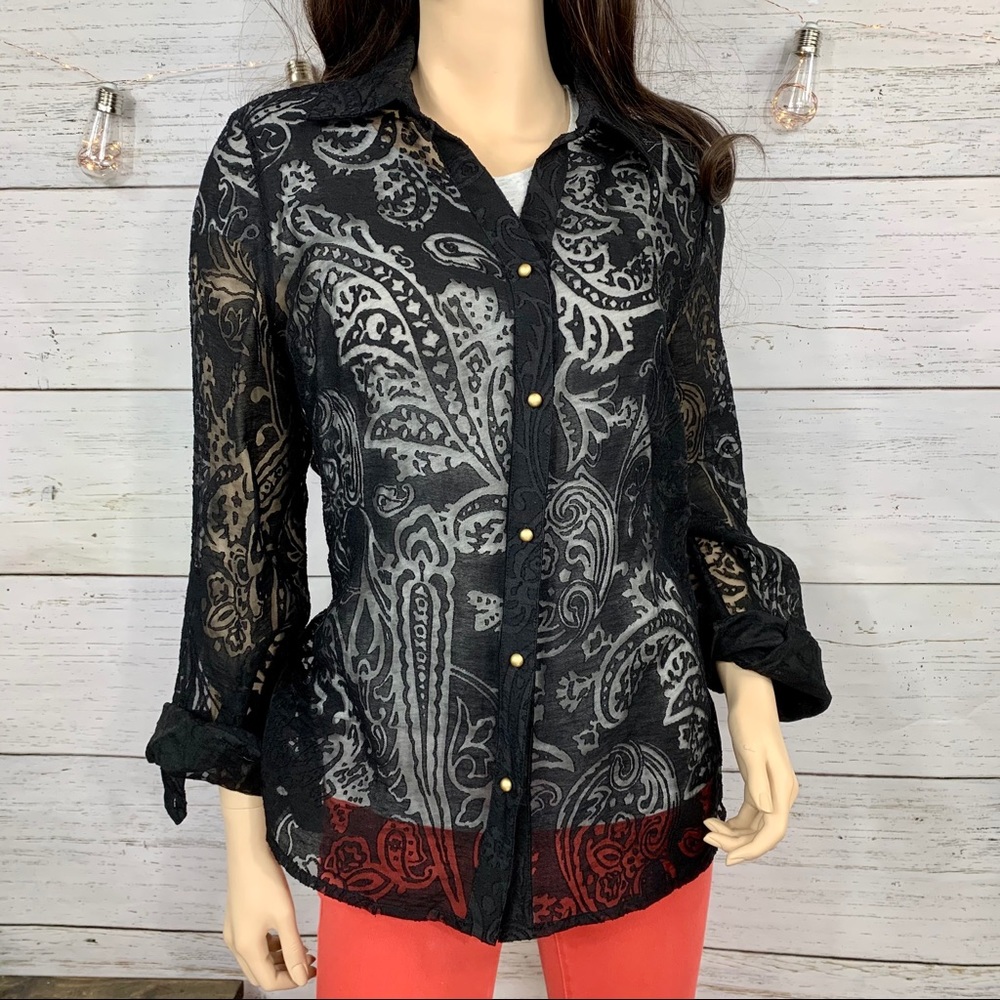 RAFAELLA Black Paisley Sheer Button-Up Blouse